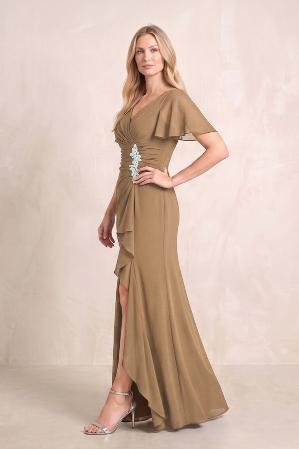 Brown V-Neck Sheath Chiffon Ruffled Short Sleeves Mother of the Bride Dress with Slit (3) | KISSBRIDAL