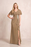 Brown V-Neck Sheath Chiffon Ruffled Short Sleeves Mother of the Bride Dress with Slit | KISSBRIDAL