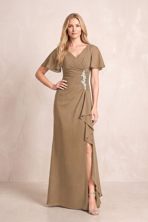 Brown V-Neck Sheath Chiffon Ruffled Short Sleeves Mother of the Bride Dress with Slit | KISSBRIDAL