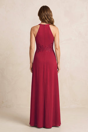 Burgundy A-Line Chiffon Embroidered Halter Mother of the Bride Dress (2) | KISSBRIDAL