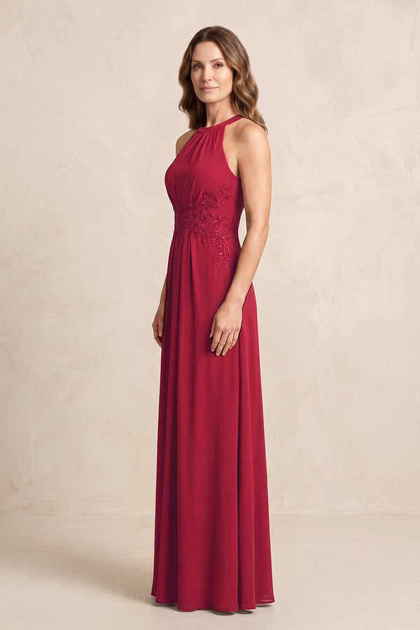 Burgundy A-Line Chiffon Embroidered Halter Mother of the Bride Dress (3) | KISSBRIDAL