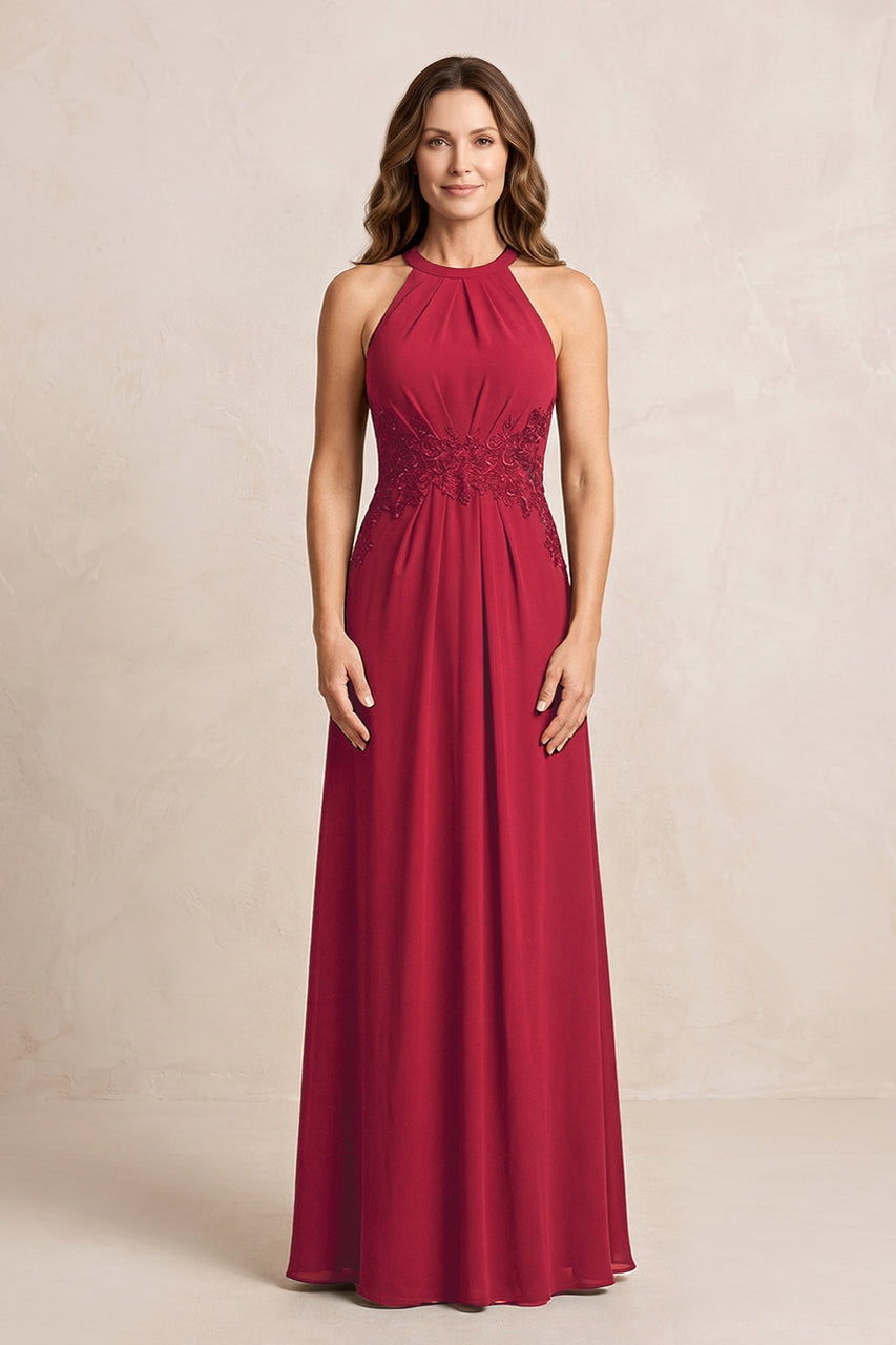 Burgundy A-Line Chiffon Embroidered Halter Mother of the Bride Dress
