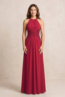 Burgundy A-Line Chiffon Embroidered Halter Mother of the Bride Dress | KISSBRIDAL