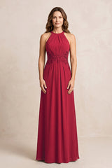 Burgundy A-Line Chiffon Embroidered Halter Mother of the Bride Dress | KISSBRIDAL