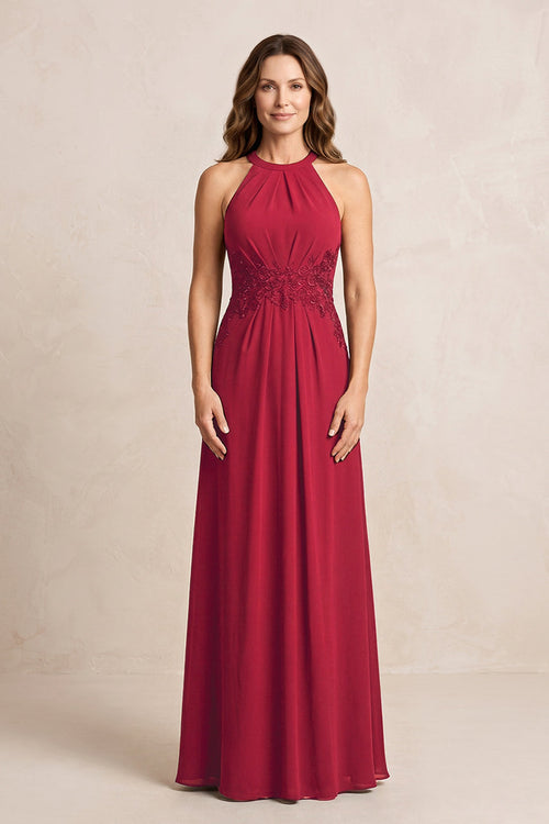 Burgundy A-Line Chiffon Embroidered Halter Mother of the Bride Dress | KISSBRIDAL