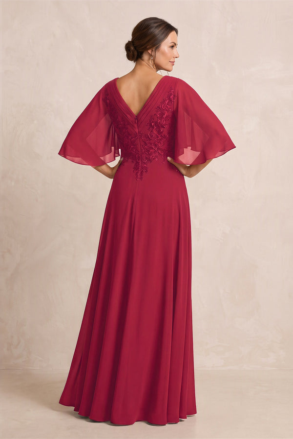 Burgundy A-Line Embroidered Chiffon Mother of the Bride Dress With Sleeves (2) | KISSBRIDAL