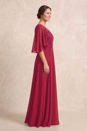 Burgundy A-Line Embroidered Chiffon Mother of the Bride Dress With Sleeves (3) | KISSBRIDAL