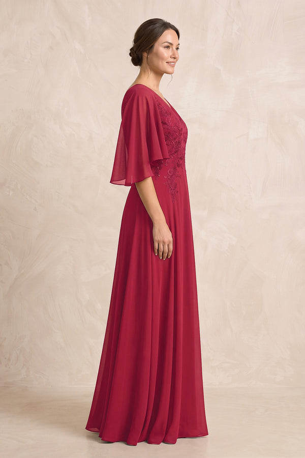 Burgundy A-Line Embroidered Chiffon Mother of the Bride Dress With Sleeves (3) | KISSBRIDAL