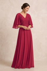 Burgundy A-Line Embroidered Chiffon Mother of the Bride Dress With Sleeves | KISSBRIDAL