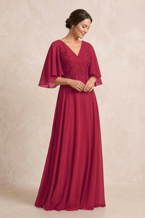 Burgundy A-Line Embroidered Chiffon Mother of the Bride Dress With Sleeves | KISSBRIDAL