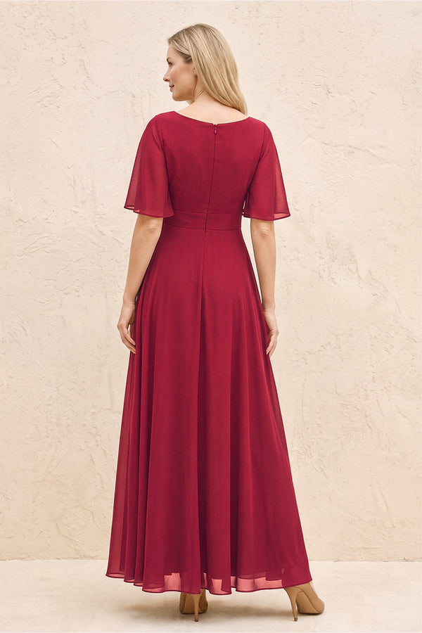 Burgundy A-Line Flutter Sleeves Chiffon Mother of the Bride Dress (2) | KISSBRIDAL
