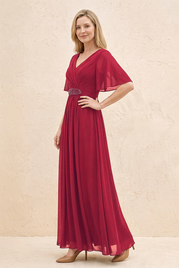 Burgundy A-Line Flutter Sleeves Chiffon Mother of the Bride Dress (3) | KISSBRIDAL
