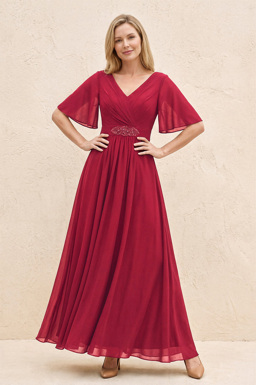 Burgundy A-Line Flutter Sleeves Chiffon Mother of the Bride Dress