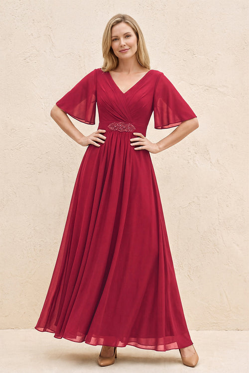 Burgundy A-Line Flutter Sleeves Chiffon Mother of the Bride Dress | KISSBRIDAL