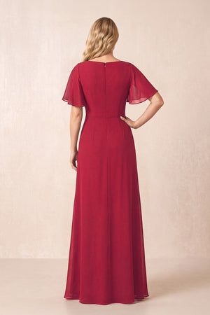 Burgundy A-Line Ruched Chiffon Mother of the Bride Dress with Ruffled Sleeves (2) | KISSBRIDAL