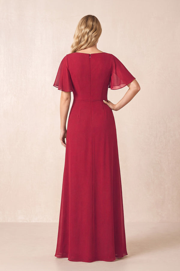 Burgundy A-Line Ruched Chiffon Mother of the Bride Dress with Ruffled Sleeves (2) | KISSBRIDAL
