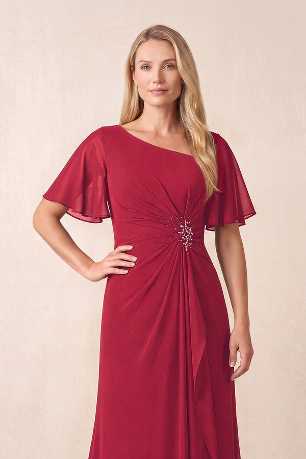 Burgundy A-Line Ruched Chiffon Mother of the Bride Dress with Ruffled Sleeves (3) | KISSBRIDAL