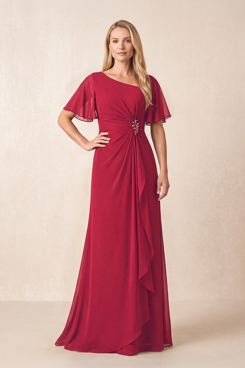Burgundy A-Line Ruched Chiffon Mother of the Bride Dress with Ruffled Sleeves