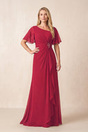 Burgundy A-Line Ruched Chiffon Mother of the Bride Dress with Ruffled Sleeves | KISSBRIDAL