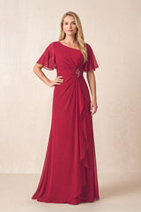 Burgundy A-Line Ruched Chiffon Mother of the Bride Dress with Ruffled Sleeves | KISSBRIDAL