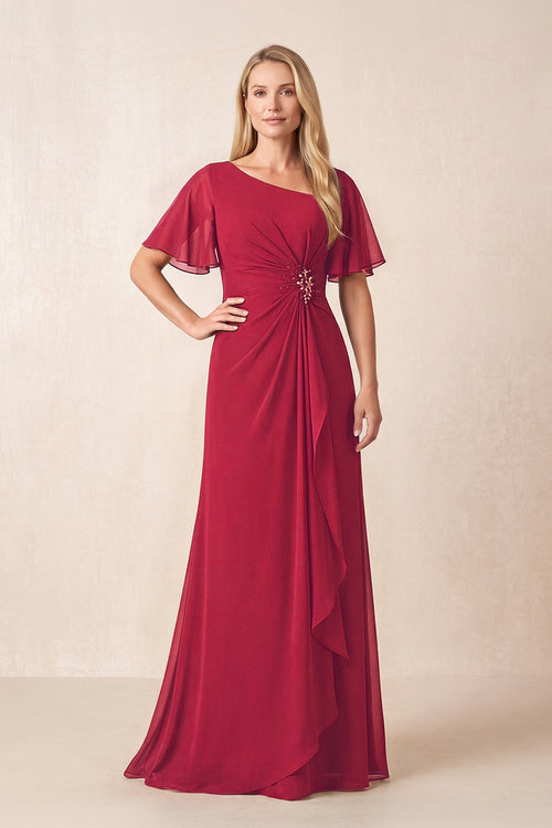 Burgundy A-Line Ruched Chiffon Mother of the Bride Dress with Ruffled Sleeves | KISSBRIDAL