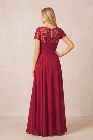 Burgundy Boat Neck Chiffon A-Line Embroidered Mother of the Bride Dress with Sleeves (2) | KISSBRIDAL