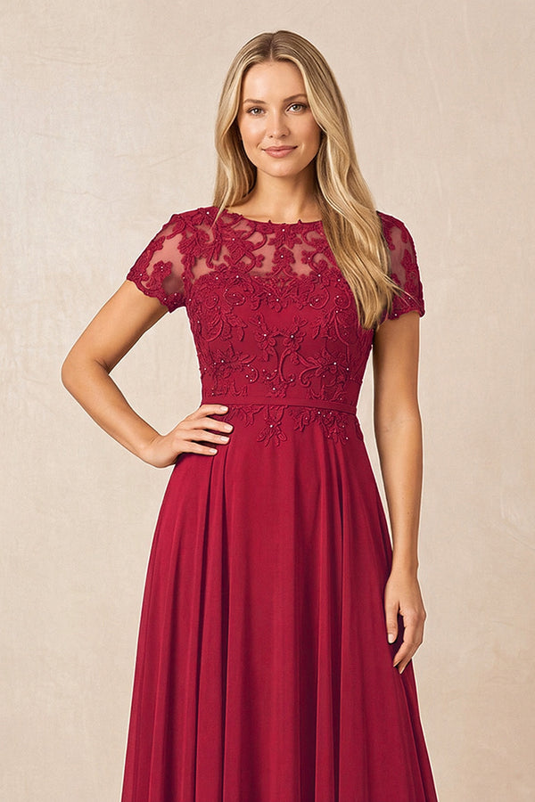 Burgundy Boat Neck Chiffon A-Line Embroidered Mother of the Bride Dress with Sleeves (3) | KISSBRIDAL