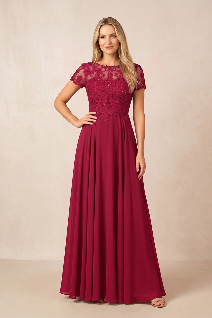 Burgundy Boat Neck Chiffon A-Line Embroidered Mother of the Bride Dress with Sleeves