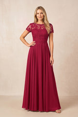 Burgundy Boat Neck Chiffon A-Line Embroidered Mother of the Bride Dress with Sleeves | KISSBRIDAL