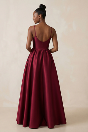Burgundy Cami Strap Ruched A-Line Satin Bridesmaid Dress (2) | KISSBRIDAL