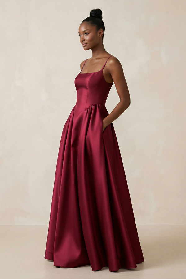 Burgundy Cami Strap Ruched A-Line Satin Bridesmaid Dress (3) | KISSBRIDAL