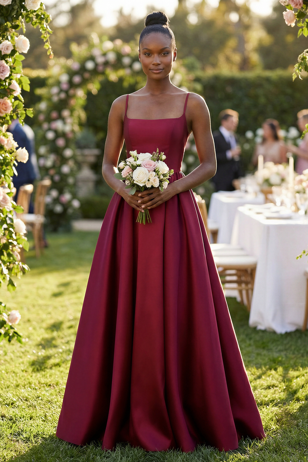 Burgundy Cami Strap Ruched A-Line Satin Bridesmaid Dress (4) | KISSBRIDAL