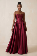 Burgundy Cami Strap Ruched A-Line Satin Bridesmaid Dress | KISSBRIDAL