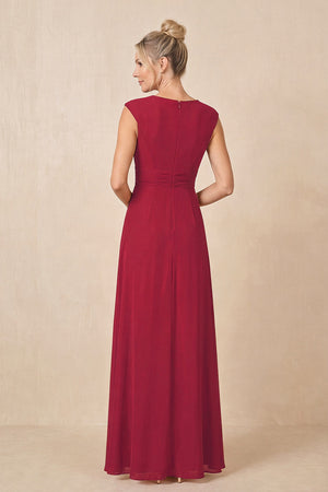 Burgundy Cap Sleeves A-Line Chiffon Pleated Ruffled Mother of the Bride Dress (2) | KISSBRIDAL