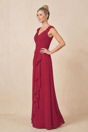 Burgundy Cap Sleeves A-Line Chiffon Pleated Ruffled Mother of the Bride Dress (3) | KISSBRIDAL