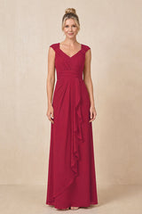 Burgundy Cap Sleeves A-Line Chiffon Pleated Ruffled Mother of the Bride Dress | KISSBRIDAL
