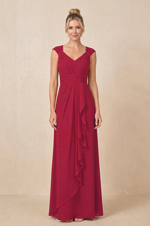 Burgundy Cap Sleeves A-Line Chiffon Pleated Ruffled Mother of the Bride Dress | KISSBRIDAL