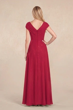 Burgundy Cap Sleeves Chiffon A-Line Lace V-Neck Mother of the Bride Dress (2) | KISSBRIDAL
