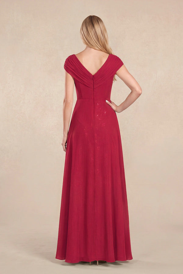 Burgundy Cap Sleeves Chiffon A-Line Lace V-Neck Mother of the Bride Dress (2) | KISSBRIDAL