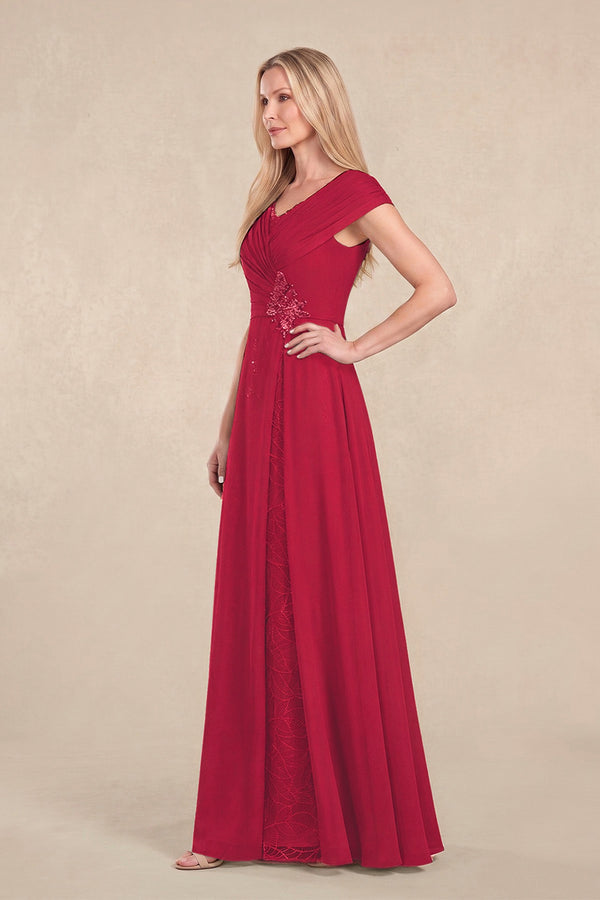 Burgundy Cap Sleeves Chiffon A-Line Lace V-Neck Mother of the Bride Dress (3) | KISSBRIDAL