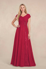 Burgundy Cap Sleeves Chiffon A-Line Lace V-Neck Mother of the Bride Dress | KISSBRIDAL