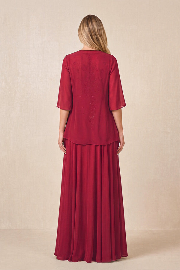 Burgundy Cape Sleeves A-Line Chiffon Scoop Neck Embroidered Mother of the Bride Dress (2) | KISSBRIDAL