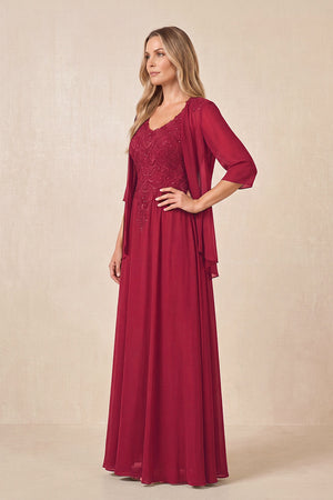 Burgundy Cape Sleeves A-Line Chiffon Scoop Neck Embroidered Mother of the Bride Dress (3) | KISSBRIDAL