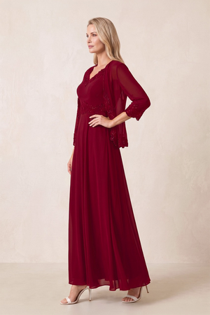 Burgundy Chiffon 2-Piece A-Line Embroidered Mother of the Bride Dress (3) | KISSBRIDAL