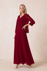 Burgundy Chiffon 2-Piece A-Line Embroidered Mother of the Bride Dress | KISSBRIDAL