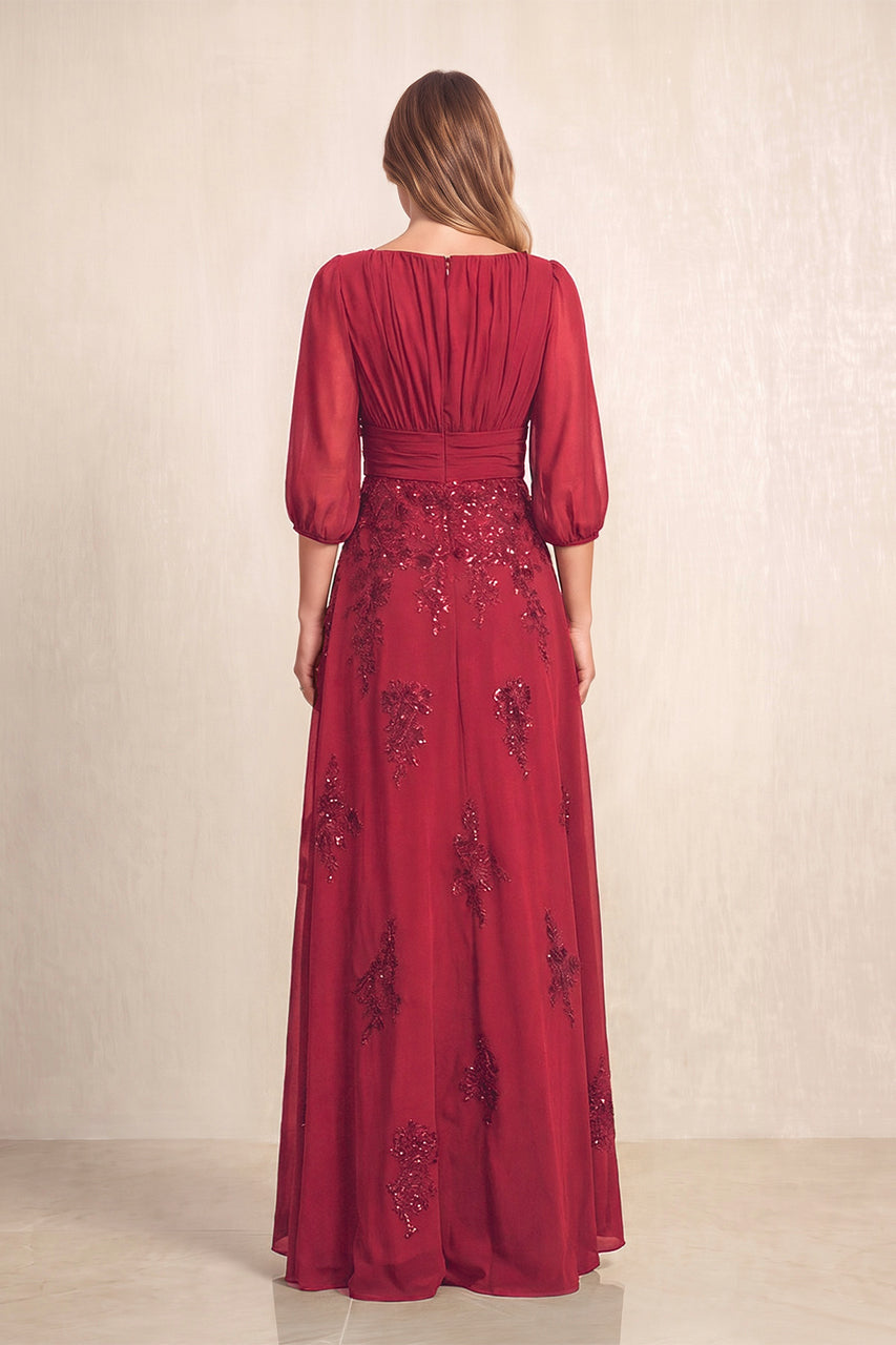 Burgundy Chiffon A-Line Embroidered Boat Neck Long Mother of the Bride Dress