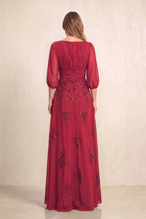 Burgundy Chiffon A-Line Embroidered Boat Neck Long Mother of the Bride Dress (2) | KISSBRIDAL