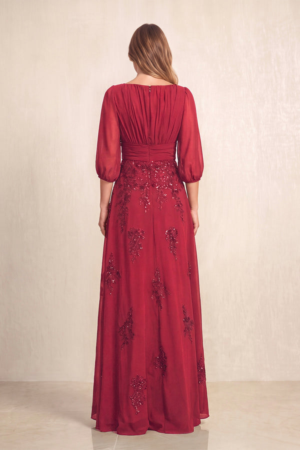 Burgundy Chiffon A-Line Embroidered Boat Neck Long Mother of the Bride Dress (2) | KISSBRIDAL