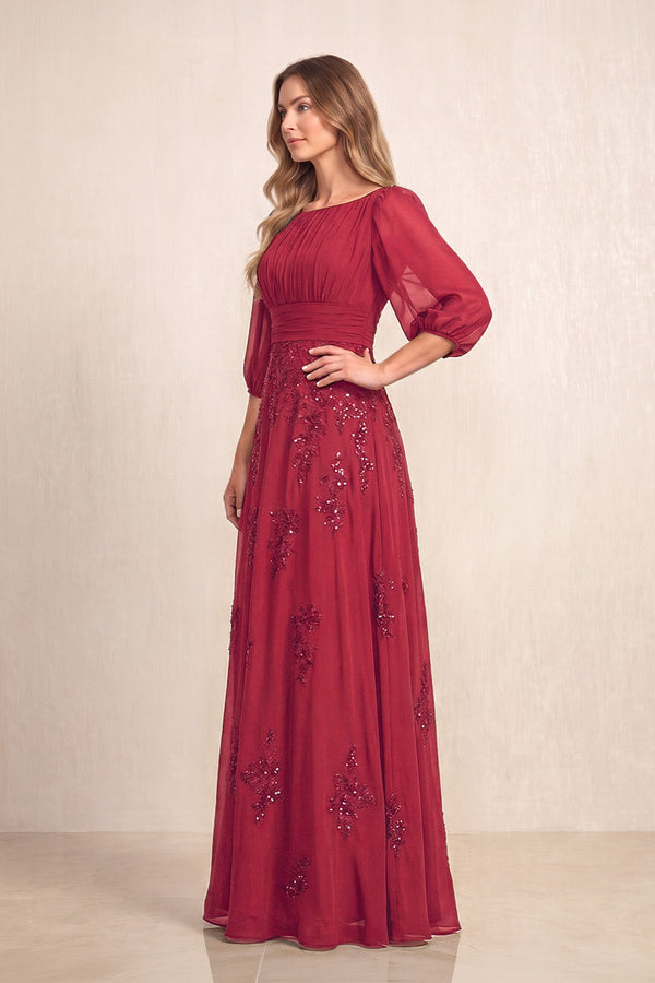 Burgundy Chiffon A-Line Embroidered Boat Neck Long Mother of the Bride Dress (3) | KISSBRIDAL