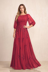 Burgundy Chiffon A-Line Embroidered Boat Neck Long Mother of the Bride Dress | KISSBRIDAL